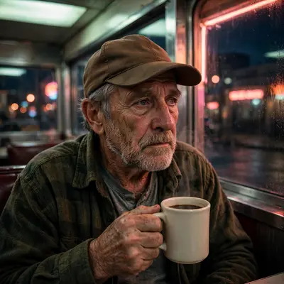 An old trucker nursing coffee in a midnight diner, fluorescent light and window neon on his lined face, honest aging skin, weary warmth mood, mixed
