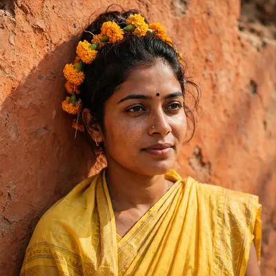A woman in a yellow sari against a sun-baked terracotta wall, marigolds in her hair, rich skin tones, vibrant heritage mood, hard warm sunlight with