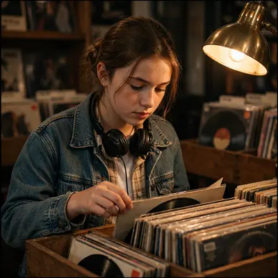 A teenage girl flipping through vinyl, headphones around her neck, shop lamp warming her concentrated face, youthful skin texture, analog devotion