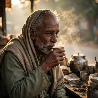 An old man with wise eyes sipping chai at a roadside stall, steam and morning light around him, deeply lined skin, contemplative warmth mood, backlit