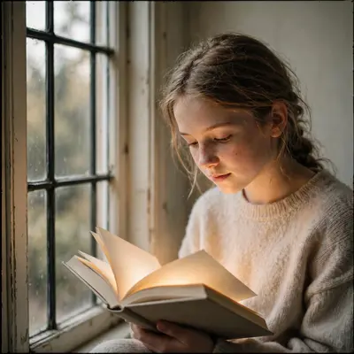 A girl reading by a tall window, pages glowing, soft light modeling her absorbed face, delicate skin, quiet absorption mood, natural window light