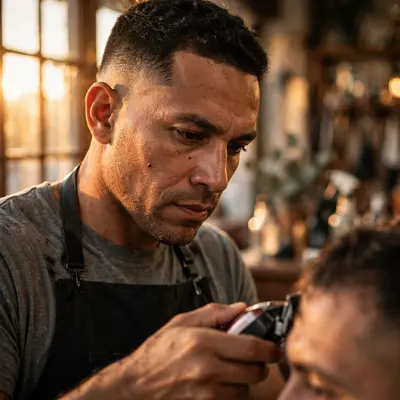 A barber mid-fade, golden hour streaming through the shop window across his focused face, textured skin, craft pride mood, warm side light, shot on