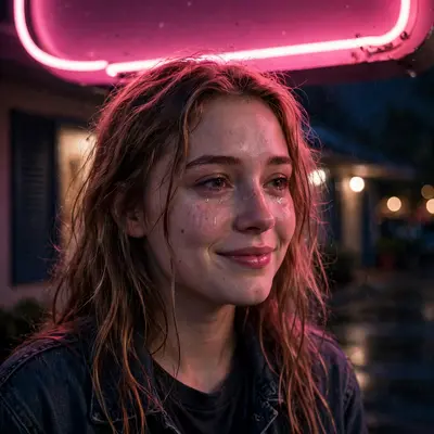 A young woman under a buzzing motel neon sign at 2am, pink light washing her tearful smile, vulnerable skin detail, 50mm f1.4, raw nocturnal mood