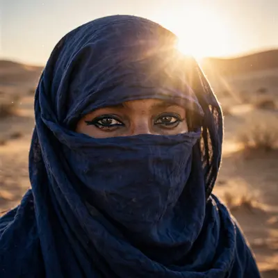 A Tuareg woman in indigo veil, only her kohl-lined eyes visible, desert sun behind, striking eye detail, mysterious dignity mood, harsh backlight