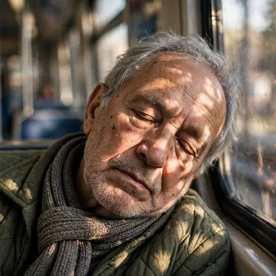 An elderly man dozing on a subway, head tilted, afternoon light flickering through windows across his peaceful face, gentle aging skin, tender urban