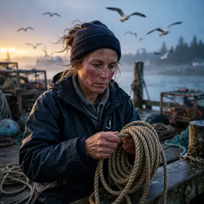 A fisherwoman coiling rope on a dock at dawn, first light gilding her determined face, gulls wheeling, wind-roughened skin, hardworking calm mood