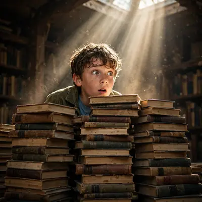 A boy peeking over a towering book stack, dust in a shaft of skylight across his wonder-struck face, youthful skin, curious magic mood, volumetric