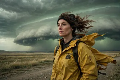 A storm chaser standing before a massive shelf cloud, eerily calm expression, wind tearing at her jacket, dramatic composure mood, ominous green-gray