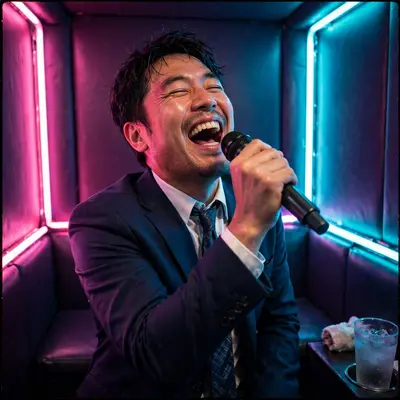 A salaryman belting into a mic in a tiny karaoke booth, neon strips painting his ecstatic face, uninhibited joy mood, saturated practical lighting