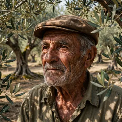 An old farmer among ancient olive trees, silver leaves framing his sun-darkened face, Mediterranean portrait, deep skin texture, timeless rooted