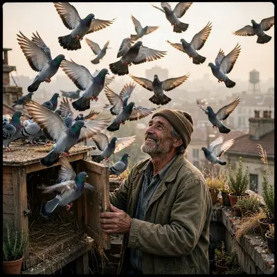 A man releasing pigeons from a city rooftop coop, birds exploding upward around his weathered smile, unexpected poetry mood, morning light, shot on
