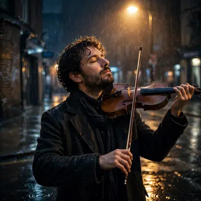 A violinist playing on a rainy corner, eyes closed, streetlight haloing his transported face, transcendent music mood, wet reflections, shot on film
