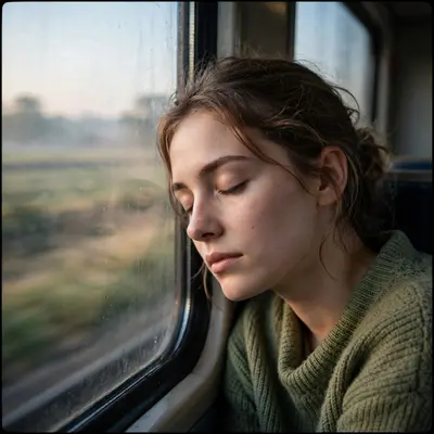 A young woman resting her forehead on a train window at dawn, passing fields blurring, soft light on her sleepy face, wistful journey mood, natural