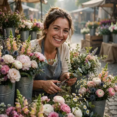 A florist's hands and smiling face among buckets of fresh blooms, morning market light, working hands detail, fragrant industry mood, soft daylight