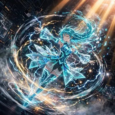 Epic anime splash art featuring a hologram dancer spinning in light in studio-quality TV anime style, energy crackling around the figure. Soft