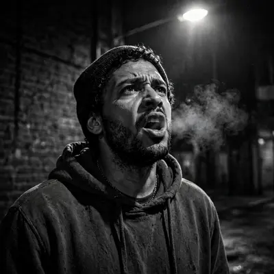 A spoken-word poet mid-verse under a single streetlamp, breath visible, intensity in his eyes, raw truth mood, dramatic single-source light, black