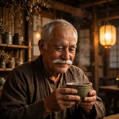 An old man with a white mustache cradling tea in a steamy tea house, lantern light on his content face, peaceful ritual mood, warm tungsten glow