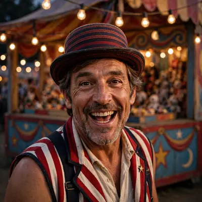 A carnival barker mid-pitch, grin wide under string lights, painted booth behind, characterful skin, showman charm mood, warm practical lighting