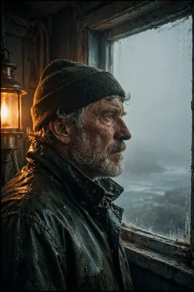 A lighthouse keeper staring into sea fog, lamp glow edging his craggy profile, maritime portrait, solitary vigil mood, dramatic mixed lighting, shot