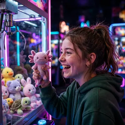 A teenage girl triumphant at a claw machine, neon arcade glow painting her victorious grin, playful victory mood, saturated practical lighting, shot
