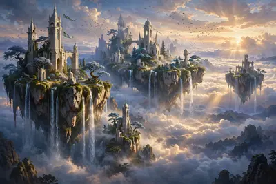 Majestic floating islands drifting above a sea of clouds at dawn, waterfalls pouring off their edges into the mist, ancient elven towers on the