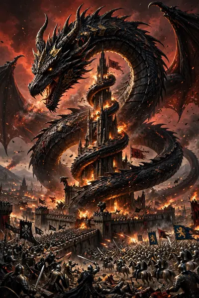 A colossal black dragon coiling around a burning citadel spire, armies clashing on the walls below, embers and smoke choking a blood-red sky, epic