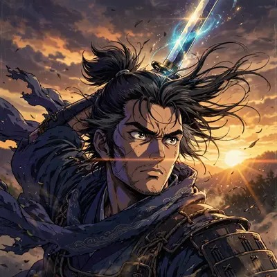 a fearless samurai raising a glowing katana captured in nostalgic cel-animation look, hair and clothing whipping in the wind. Golden-hour sunset glow