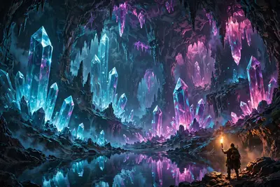 A vast underground cavern of giant glowing crystals, an explorer's torch the only warm light, underground lake mirroring the gems, fantasy concept