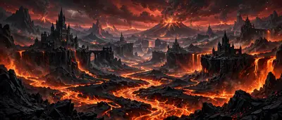 Rivers of lava threading a black volcanic realm, obsidian castles on basalt cliffs, ash glowing in a crimson sky, dark fantasy digital painting