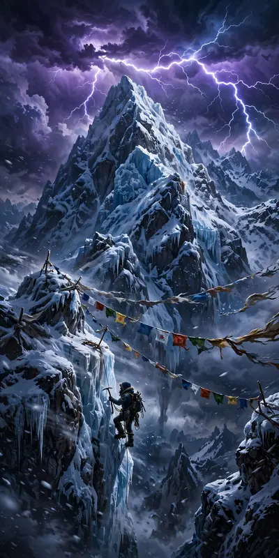 A lone climber ascending an icy peak into a raging storm, lightning splitting violet clouds, prayer flags whipping, epic fantasy illustration