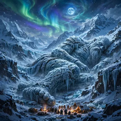 A mountain-sized ice titan sleeping in a glacier valley, frost giants' campfires tiny at its feet, aurora overhead, epic fantasy digital painting
