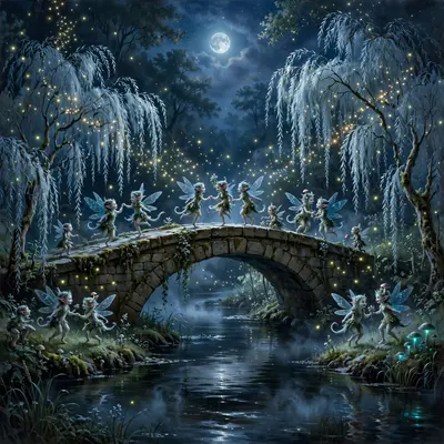 A stone bridge over a moonlit river where fey creatures dance, willows trailing silver, fireflies like constellations, romantic fantasy painting