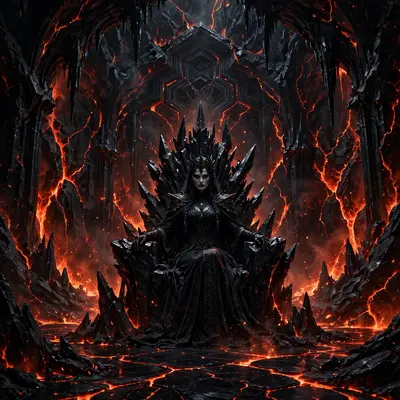 A throne room carved from black obsidian, lava veins glowing in the walls, a dark queen on a jagged throne, dark fantasy interior art, menacing
