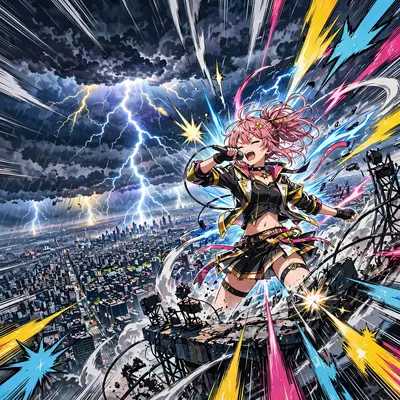 High-energy anime poster art of an idol singer belting the final chorus, rendered in modern shonen anime style with explosive impact frames. Stormy