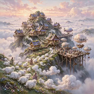 A village of stilt houses on a mountaintop above the clouds, shepherds guiding flocks of cloud-sheep, airships docking, whimsical fantasy painting