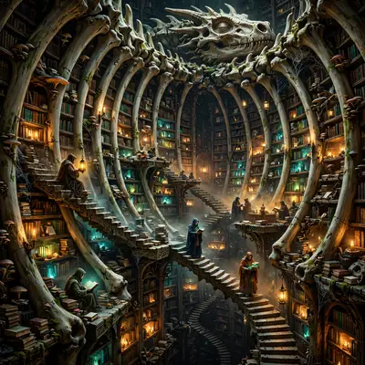 An ancient library inside a sleeping dragon's ribcage, endless shelves of glowing tomes, scholars on floating stairs, fantasy interior painting, warm