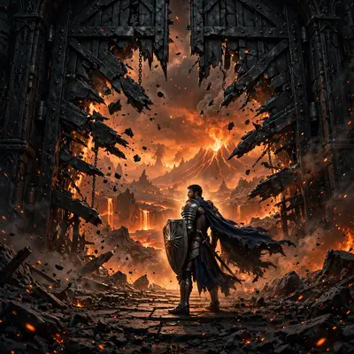 A colossal gate of black iron bursting open, infernal legions pouring through fire and smoke, a lone paladin holding the line, epic dark fantasy