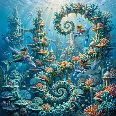 Coral cities spiraling from a turquoise reef, merfolk riding manta rays between towers, sunbeams through water, fantasy underwater painting, vibrant