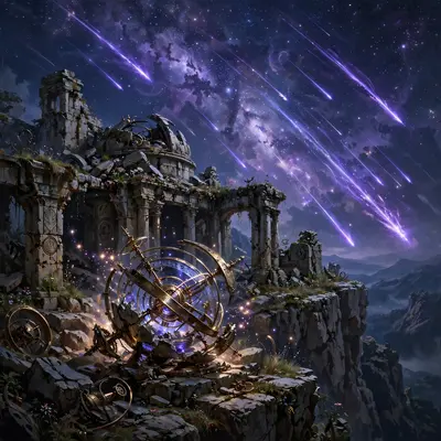Ancient observatory ruins on a cliff, a meteor shower streaking violet across the sky, broken orrery glowing, fantasy nightscape painting, starlight