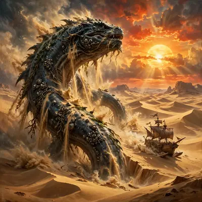 A leviathan breaching a desert of golden sand, dunes cascading off its barnacled hide, a sandship fleeing its wake, epic fantasy painting, blazing