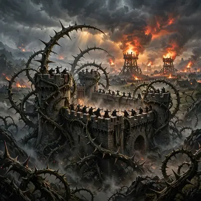 A keep wrapped in giant thorns under assault, siege towers burning, defenders raining arrows, epic fantasy battle art, storm-gray sky split by