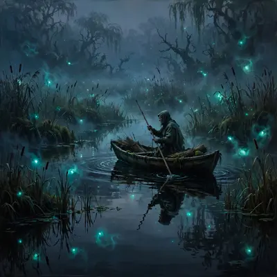 A misty marsh at twilight dotted with floating will-o-wisps, a lone boatman poling through black water, fantasy painting, eerie teal glow, quiet