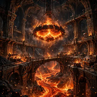 Cavernous dwarven halls around a floating molten forge, bridges of bronze spanning magma, hammer-sparks like stars, epic fantasy interior, intense