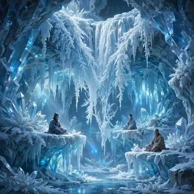A waterfall frozen mid-plunge into a crystal cavern, monks meditating on ice ledges, light refracting blue, serene fantasy painting, pristine cold