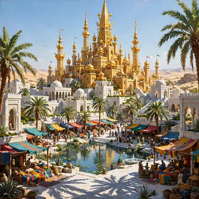 A golden spire-city rising from a desert oasis, palm shadows on white marble, market awnings bright, fantasy cityscape painting, blazing midday light