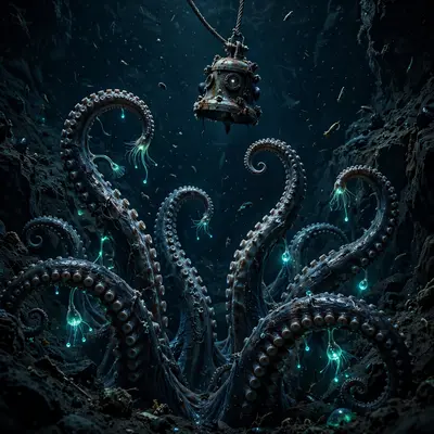 A kraken's tentacles rising from an abyssal trench toward a tiny diving bell, bioluminescent lures glowing, deep-sea fantasy horror, crushing