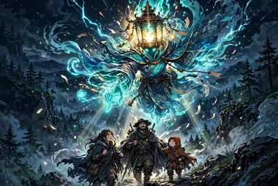 Epic anime splash art featuring a lantern spirit guiding lost travelers in vibrant cel-shaded anime style, energy crackling around the figure