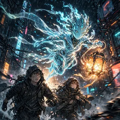 Cinematic anime still of a lantern spirit guiding lost travelers in sleek cyber-anime hybrid style, caught at the peak of motion. High-contrast