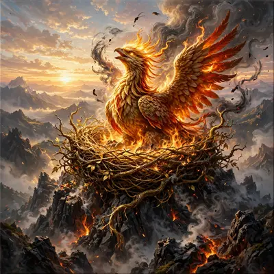 A phoenix nest of golden branches atop a smoking peak, the great bird igniting at sunrise, ash swirling, epic fantasy painting, blazing rebirth