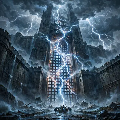 Impossibly tall gates in a wall of eternal storm, lightning forging the portcullis, guards tiny in the deluge, epic fantasy painting, electric